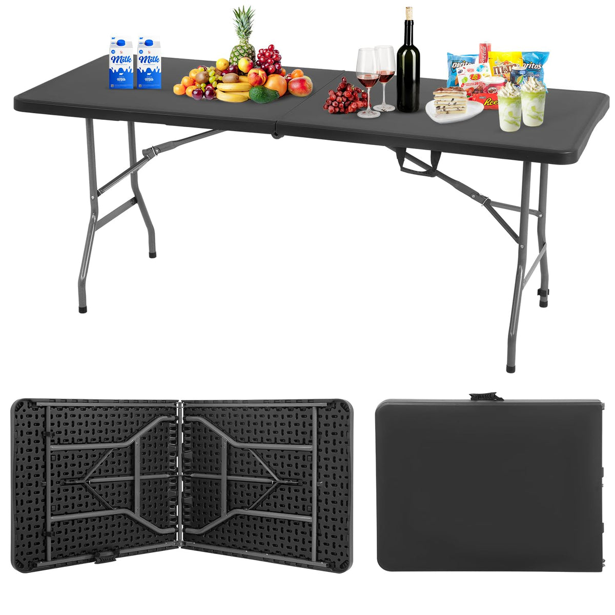 BestOffice | 6FT Folding Table | Black | Portable Plastic Table