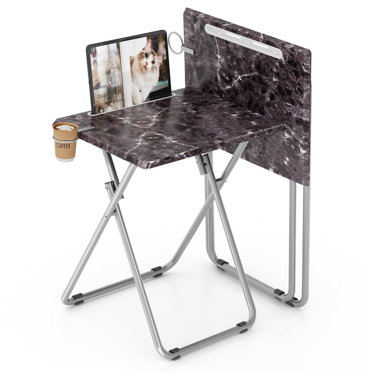 TV Tray Table,Folding Table with Cup Holder Portable,Foldable Snack Tray for Eating,Small Folding Tables Set of 2,Dinner Tables for Couch, Living Room,Small Space (White Marble,2Pcs)