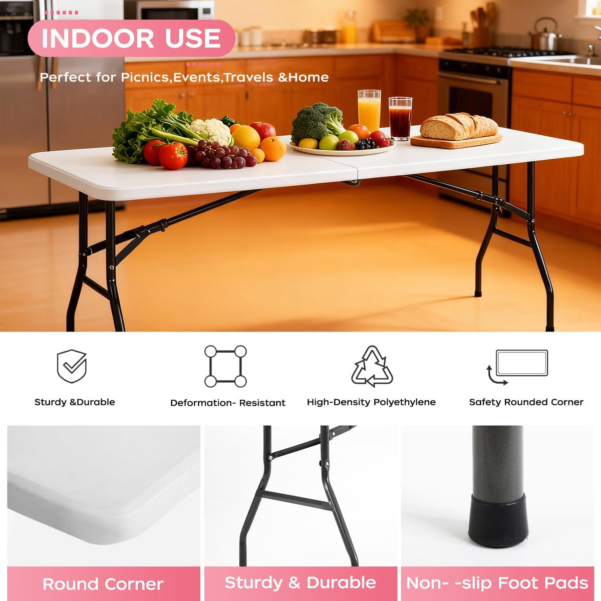 FDW | 8FT Folding Table | White | Portable Plastic Table