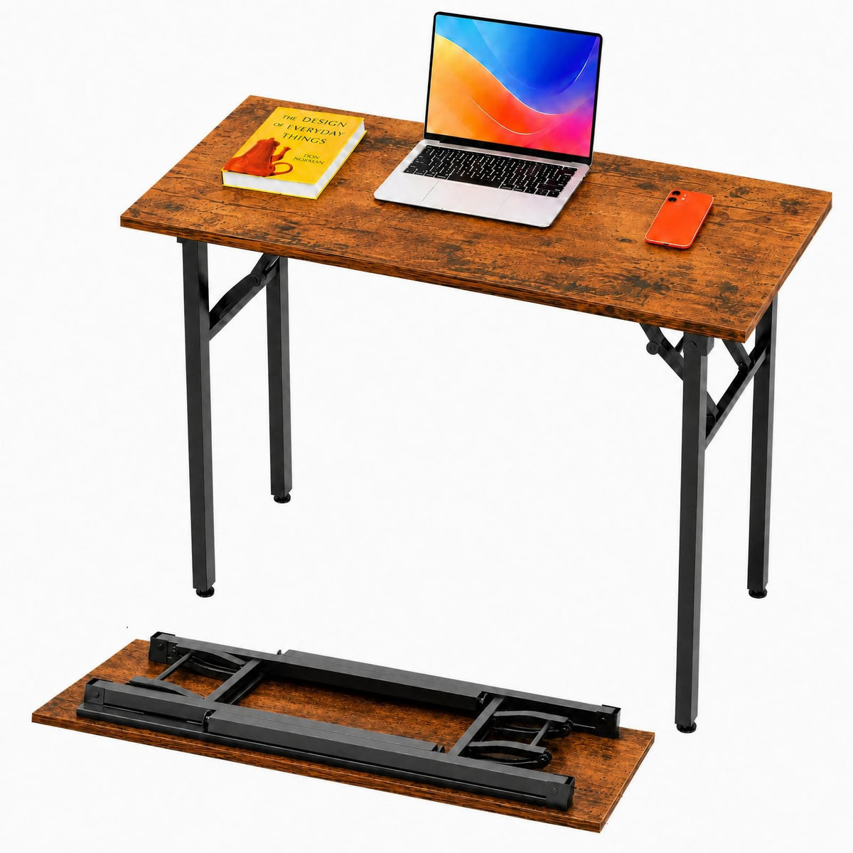Folding Table Computer Desk - 35.8" No Assembly Folding Desk Design and Foldable Office Desk, Small Desk for Bedroom, Compact Storage Portable Use for Dorm and RV Small Space, Dark Oak