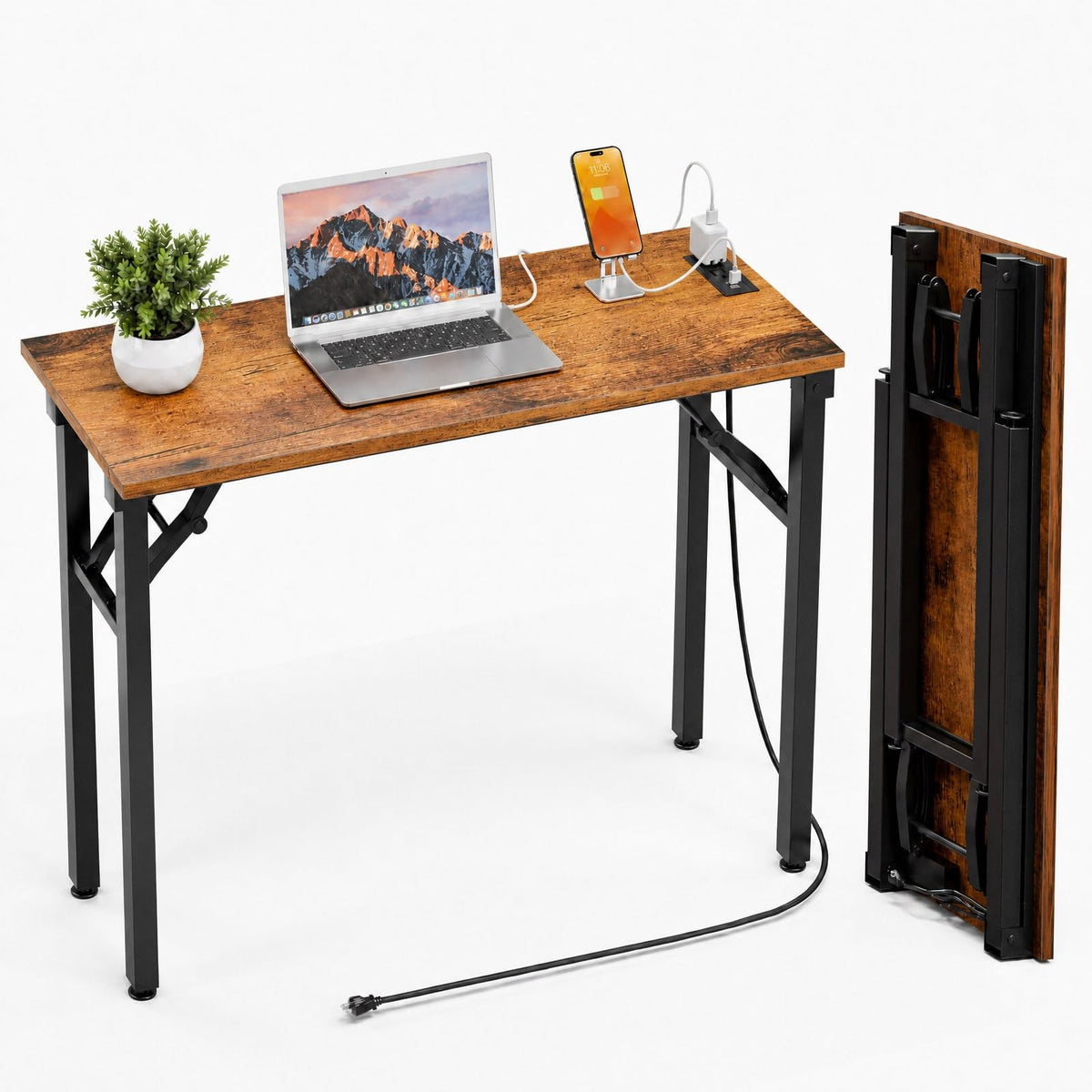 Folding Table Computer Desk - 35.8" No Assembly Folding Desk Design and Foldable Office Desk, Small Desk for Bedroom, Compact Storage Portable Use for Dorm and RV Small Space, Dark Oak