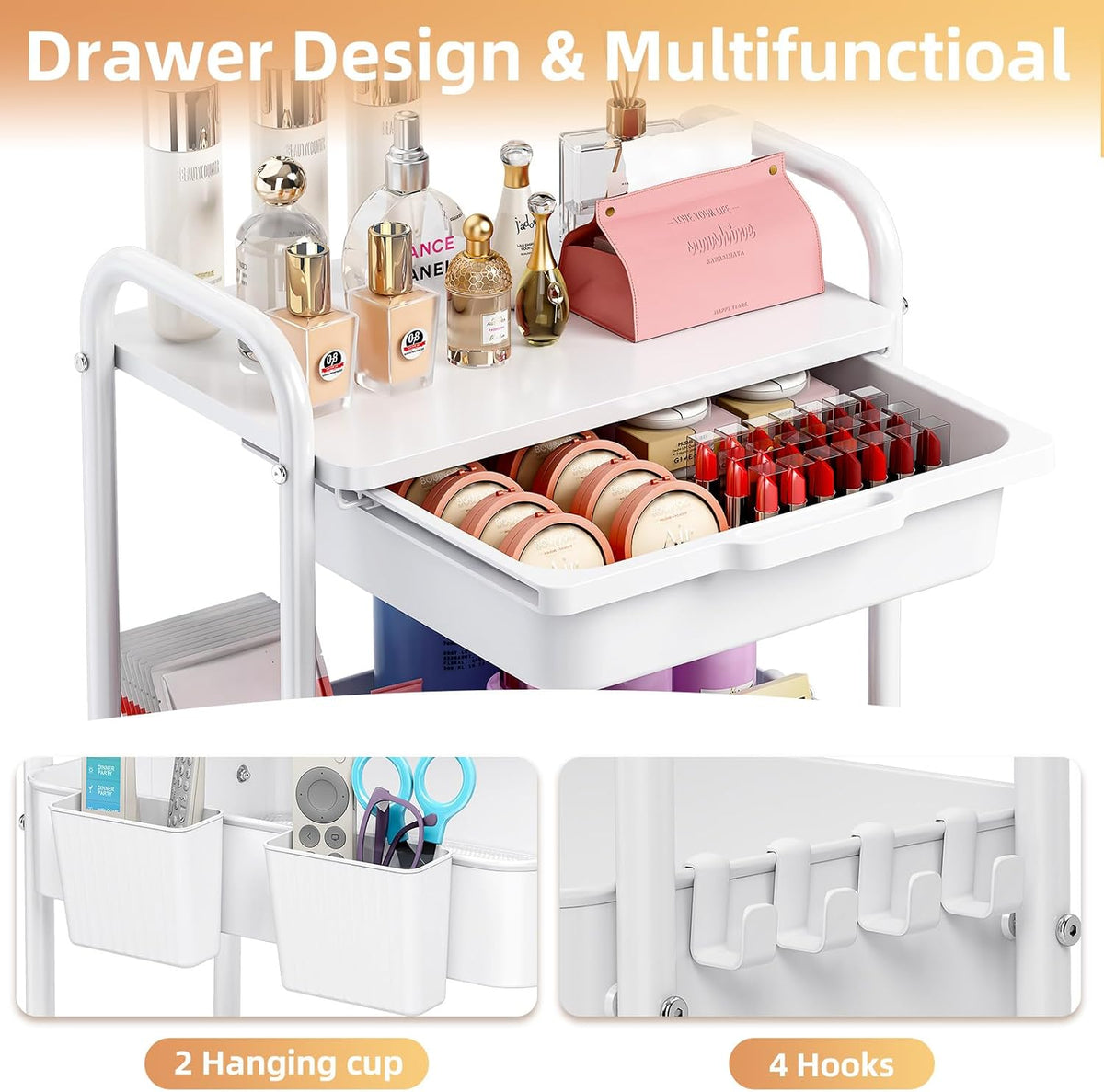 KINGRACK 3 Tier Metal Rolling Cart with Drawer, White Utility Storage Cart