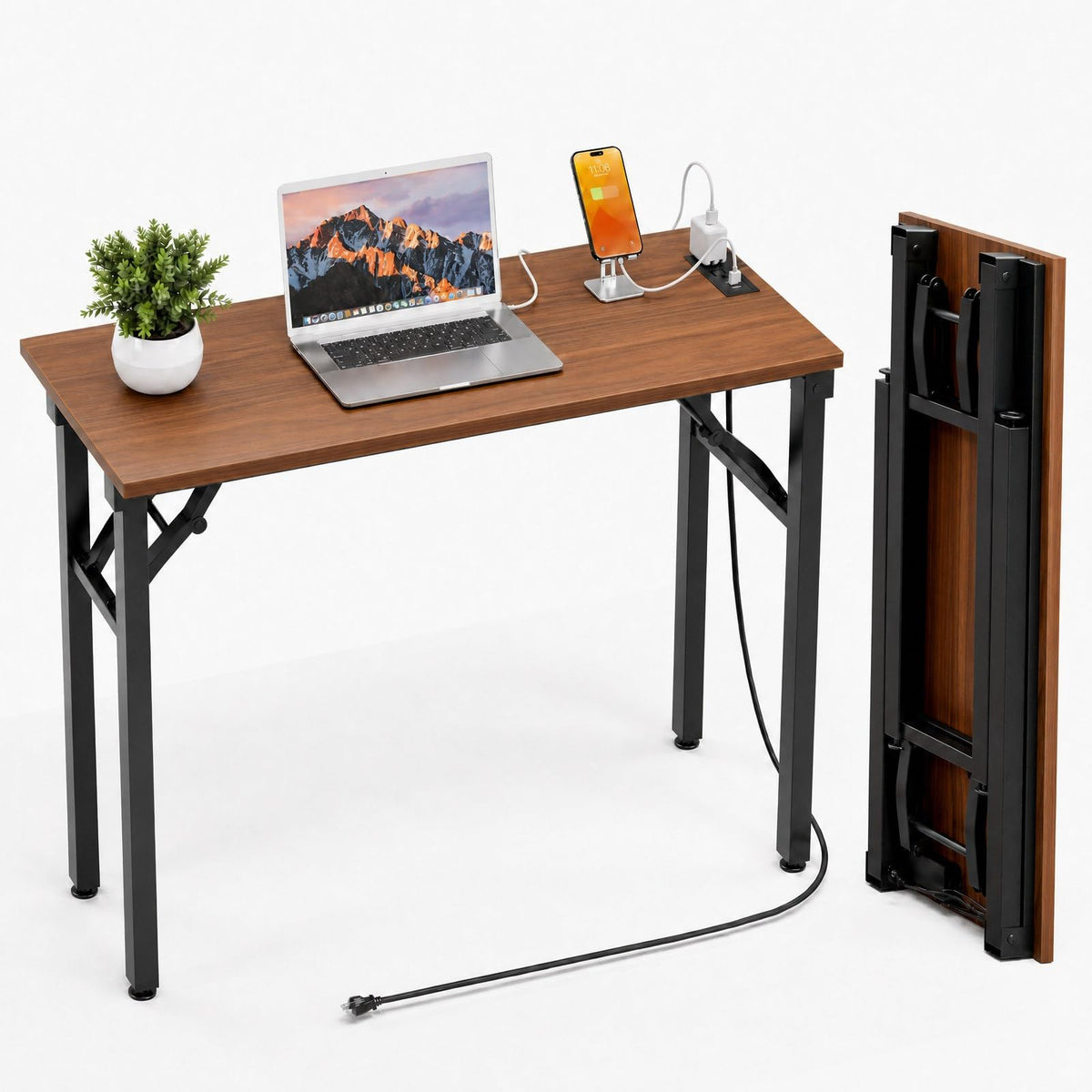 Folding Table Computer Desk - 35.8" No Assembly Folding Desk Design and Foldable Office Desk, Small Desk for Bedroom, Compact Storage Portable Use for Dorm and RV Small Space, Dark Oak