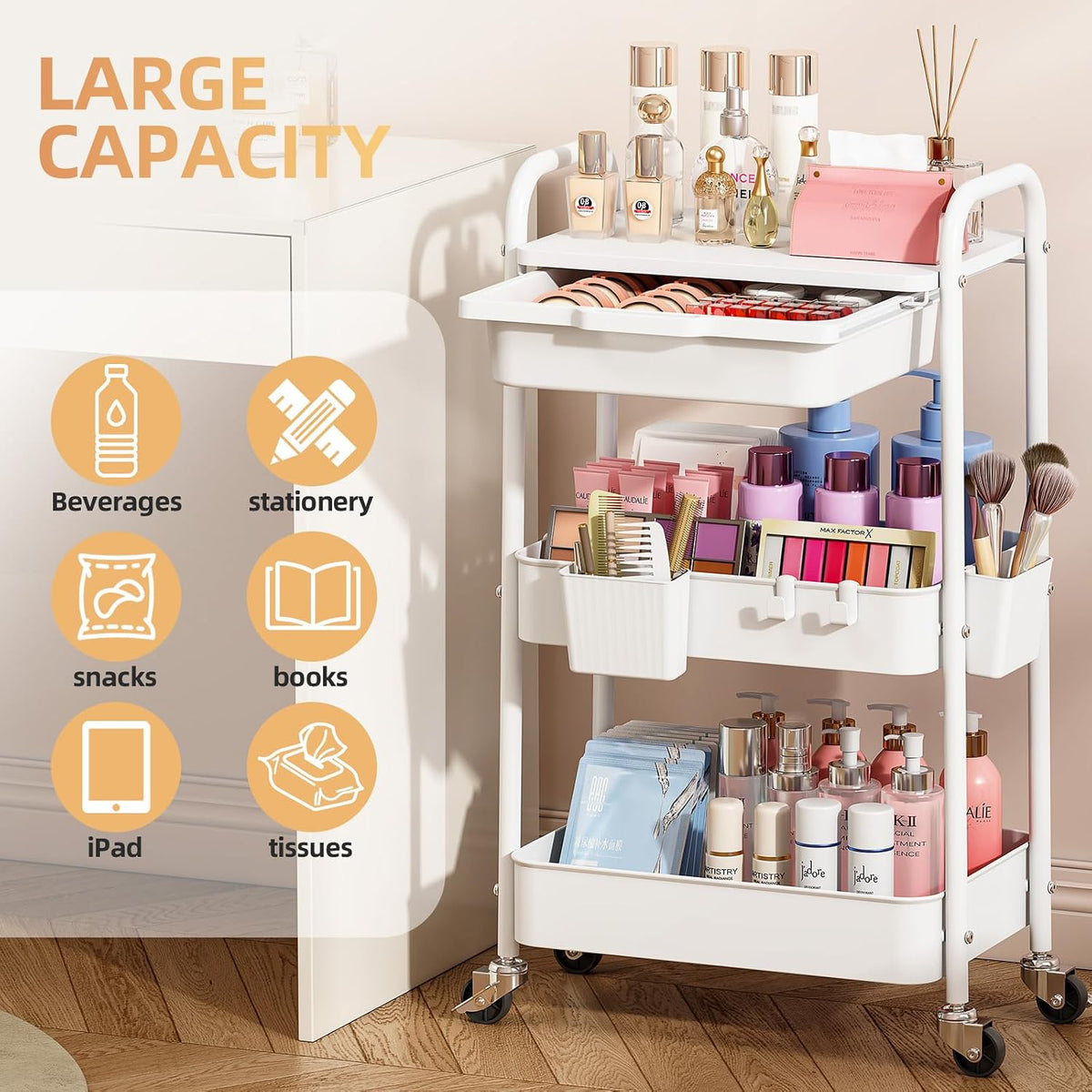 KINGRACK 3 Tier Metal Rolling Cart with Drawer, White Utility Storage Cart