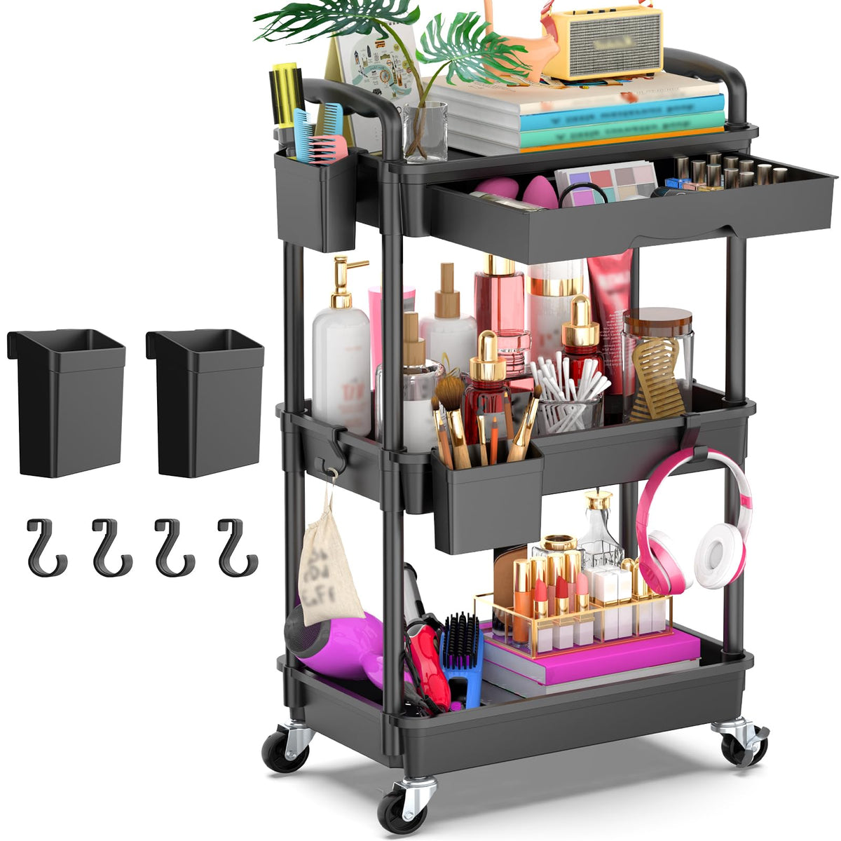 Goovilla 3 Tier Rolling Utility Cart Organizer with Removable Drawer, White