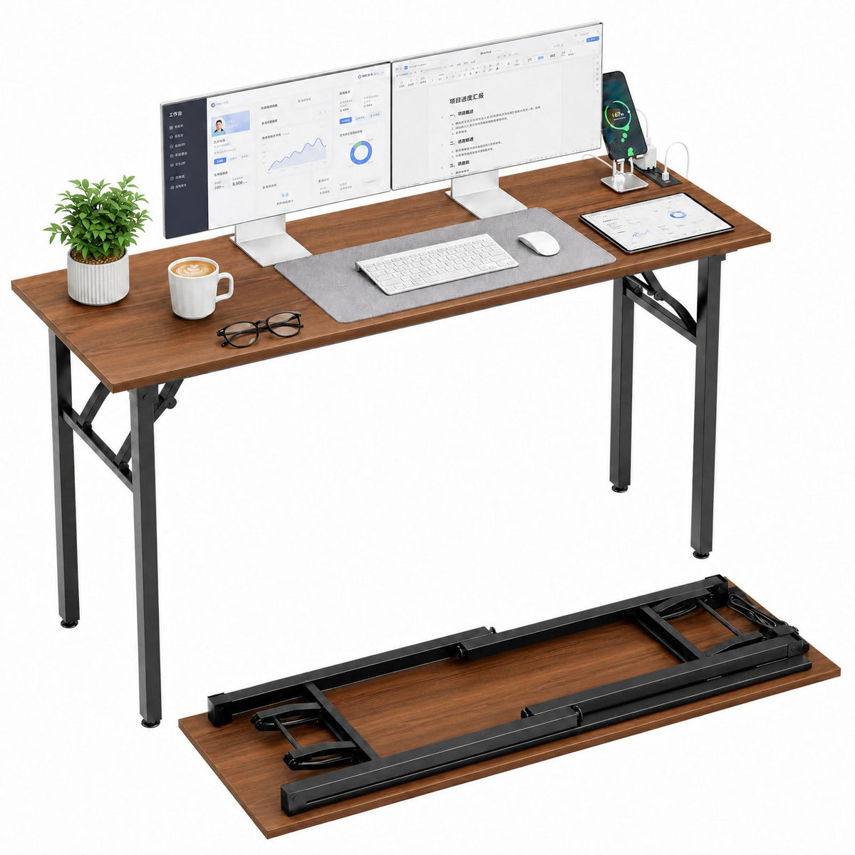 Folding Table Computer Desk - 35.8" No Assembly Folding Desk Design and Foldable Office Desk, Small Desk for Bedroom, Compact Storage Portable Use for Dorm and RV Small Space, Dark Oak