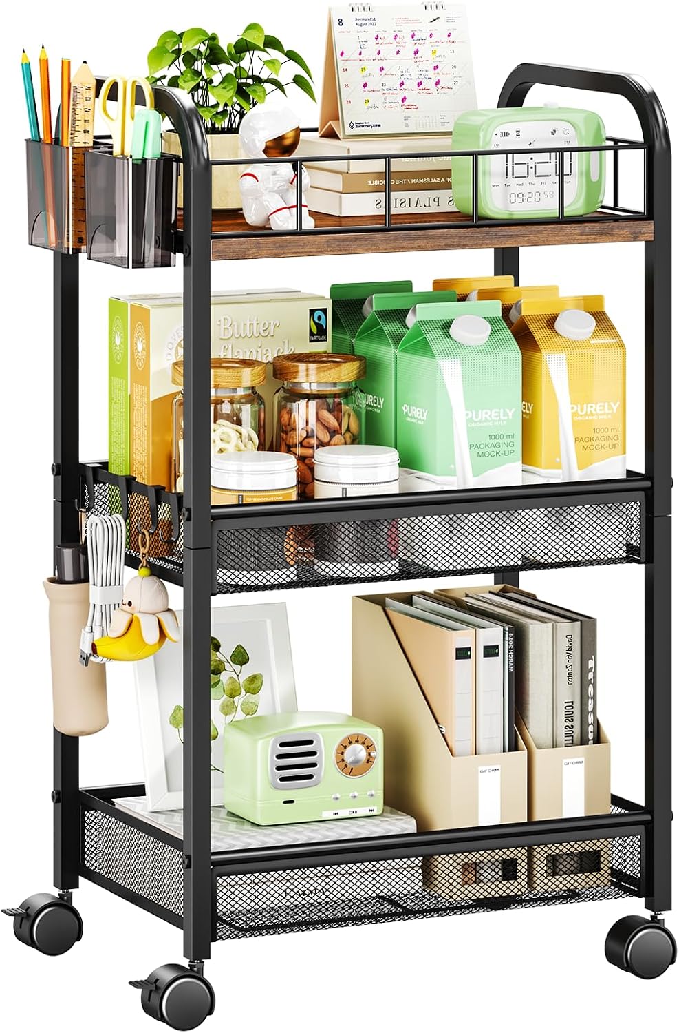 HapiRm 3 Tier Metal Rolling Cart- Utility Storage Cart with Locking Wheels