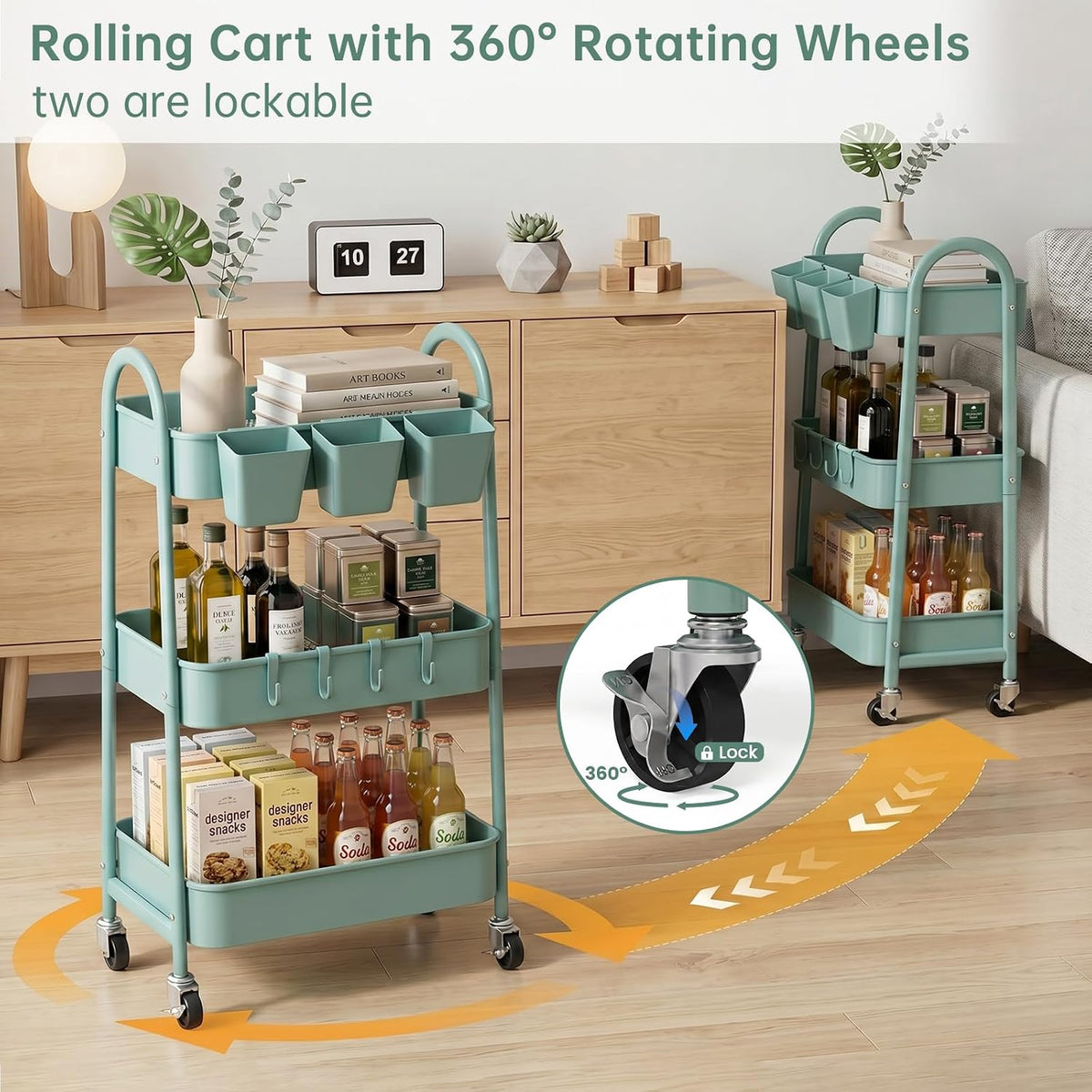 danpinera 3-Tier Rolling Cart, Metal Rolling Storage Cart with Wheels