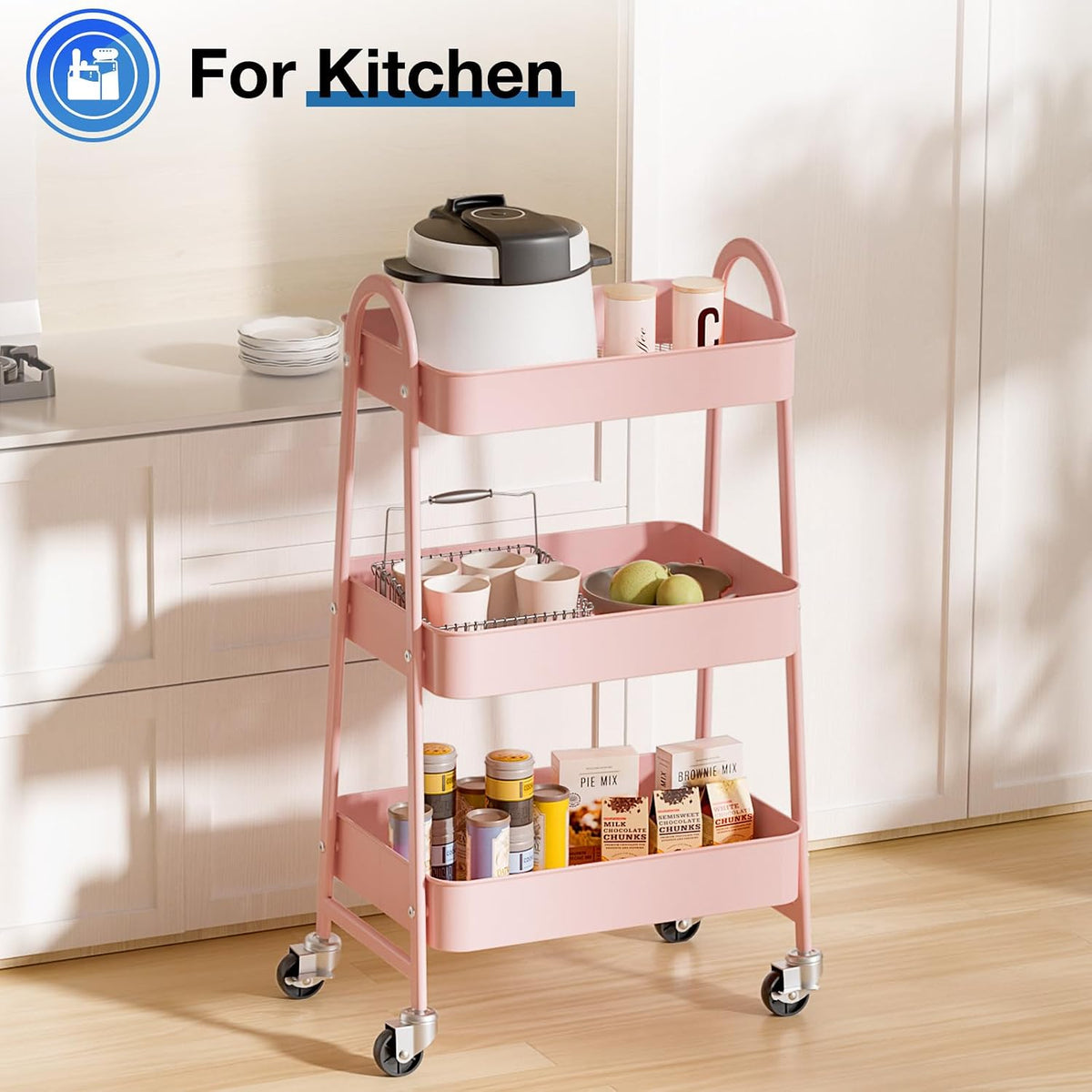 DUMOS 3 Tiers Rolling Cart, Utility Cart, Metal, Pink