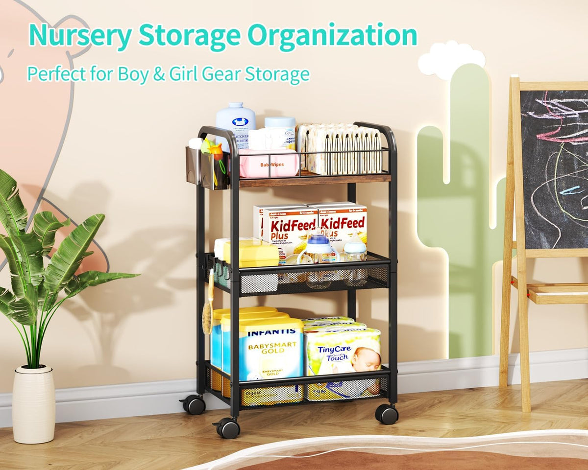 HapiRm 3 Tier Metal Rolling Cart- Utility Storage Cart with Locking Wheels