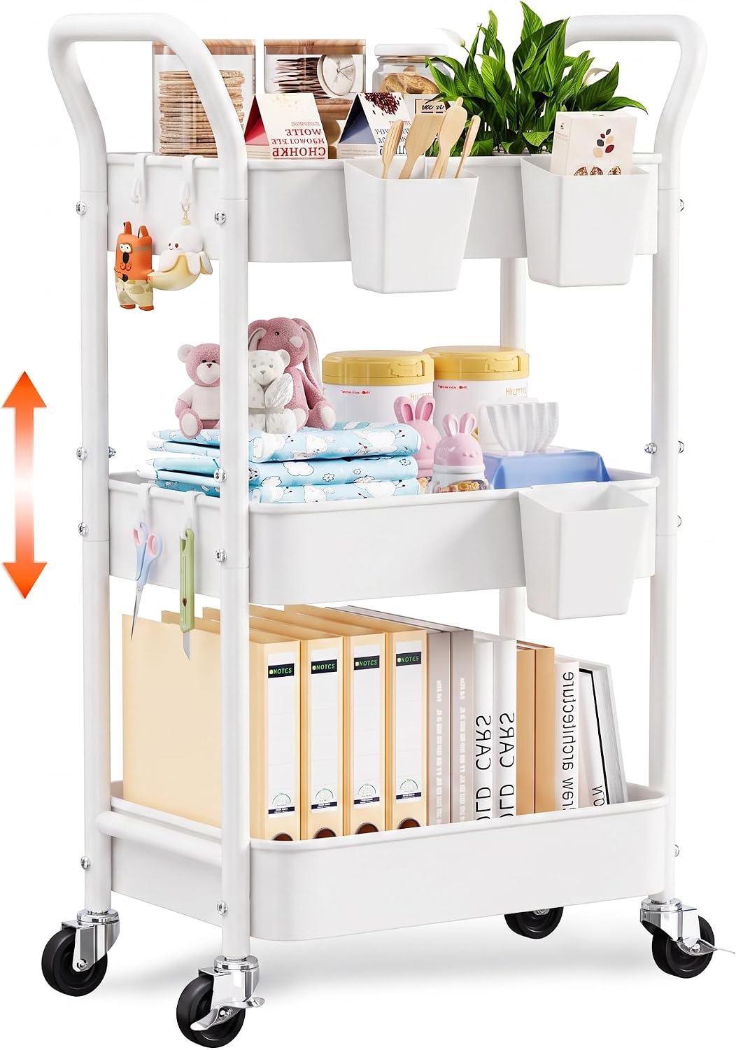 White 3 Tier Height-Adjustable Heavy-Duty Rolling Utility Cart with Wheels