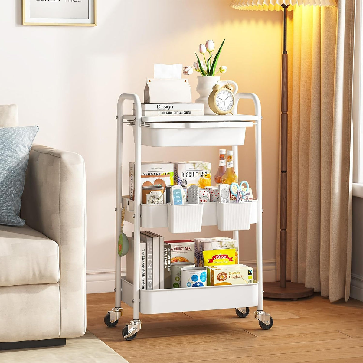 KINGRACK 3 Tier Metal Rolling Cart with Drawer, White Utility Storage Cart