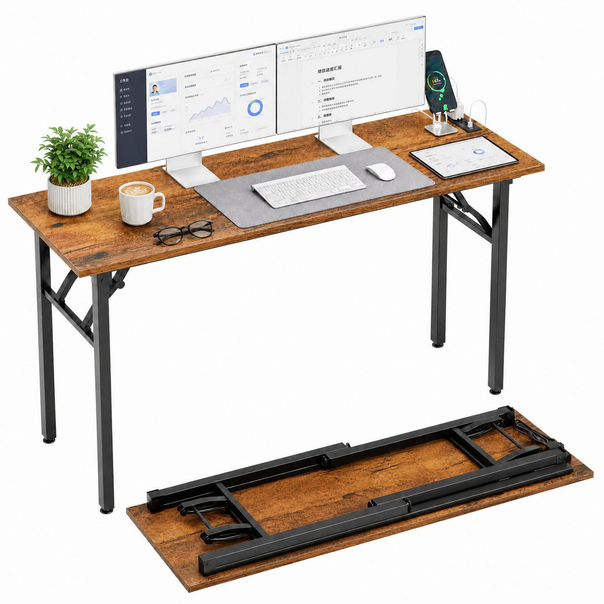 Folding Table Computer Desk - 35.8" No Assembly Folding Desk Design and Foldable Office Desk, Small Desk for Bedroom, Compact Storage Portable Use for Dorm and RV Small Space, Dark Oak