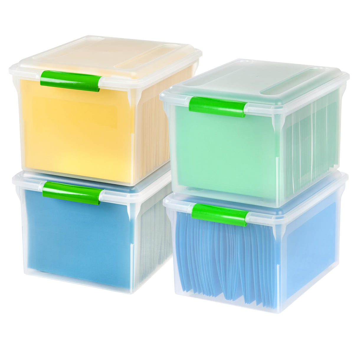 IRIS USA File Box File Organizer Plastic File Box for Letter/Legal File, BPA-Free Plastic Storage Bin Tote Organizer with Durable and Secure Latching Lid, Stackable and Nestable, Clear 35 Qt. 4Pack