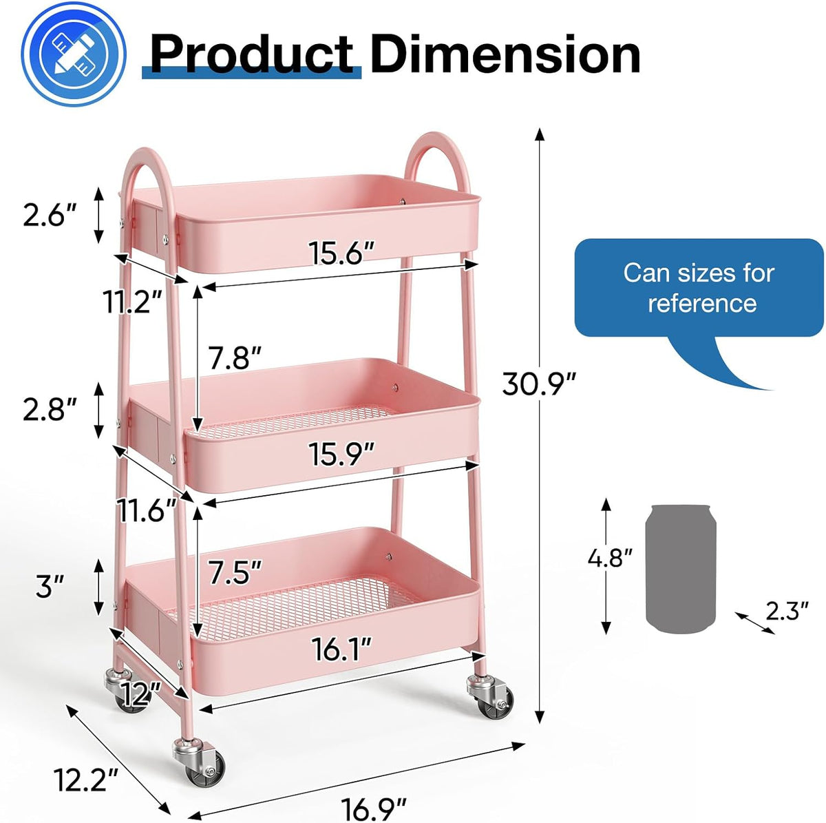 DUMOS 3 Tiers Rolling Cart, Utility Cart, Metal, Pink