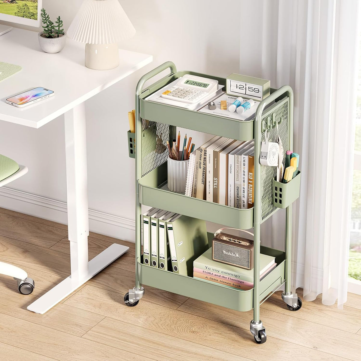 TOOLF 3 Tier Rolling Cart, Metal Utility Storage Cart with Pegboard, Green