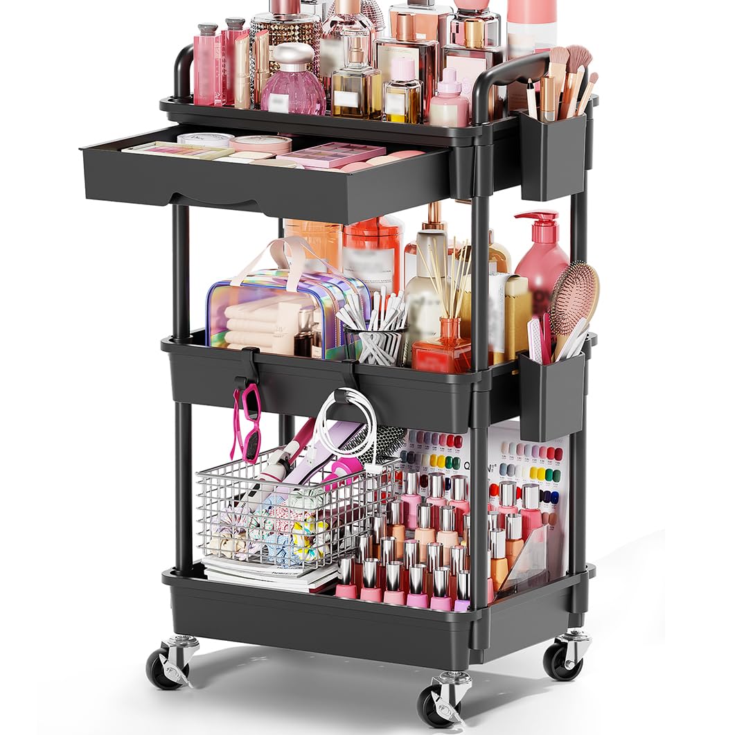 Goovilla Rolling Makeup Organizer Cart with Removable Drawer, 3 Tier White