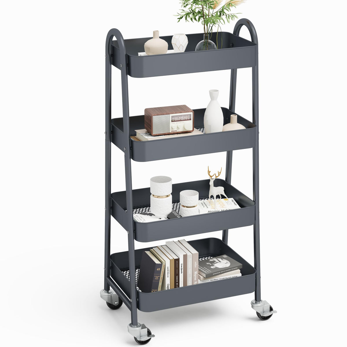 NEWBULIG 3-Tier Metal Rolling Cart with Lockable Wheels, Heavy Duty Mobile Utility Storage Shelf, Roller Book Snack Cart, Organization for Livingroom, Bathroom, Office, Pink