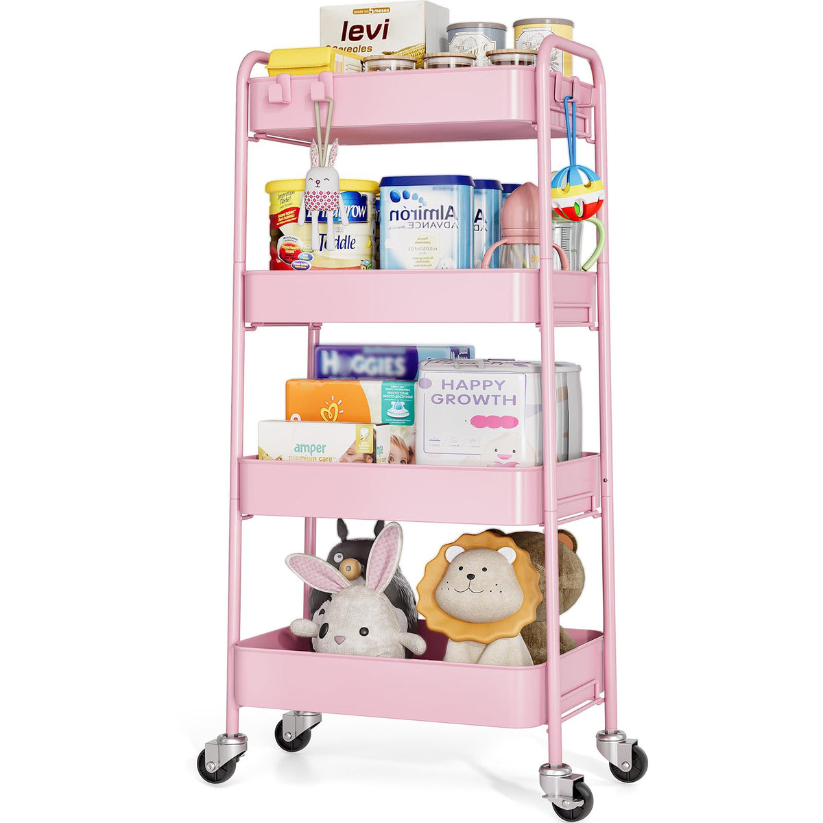 TOOLF 3 Tier Metal Rolling Cart, Utility Storage Cart with Wheels, White