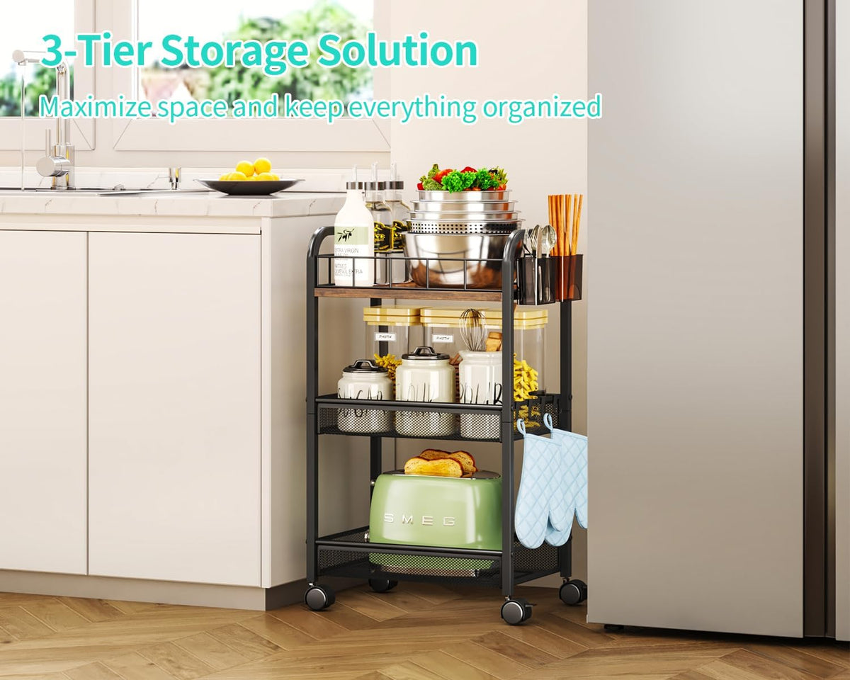 HapiRm 3 Tier Metal Rolling Cart- Utility Storage Cart with Locking Wheels