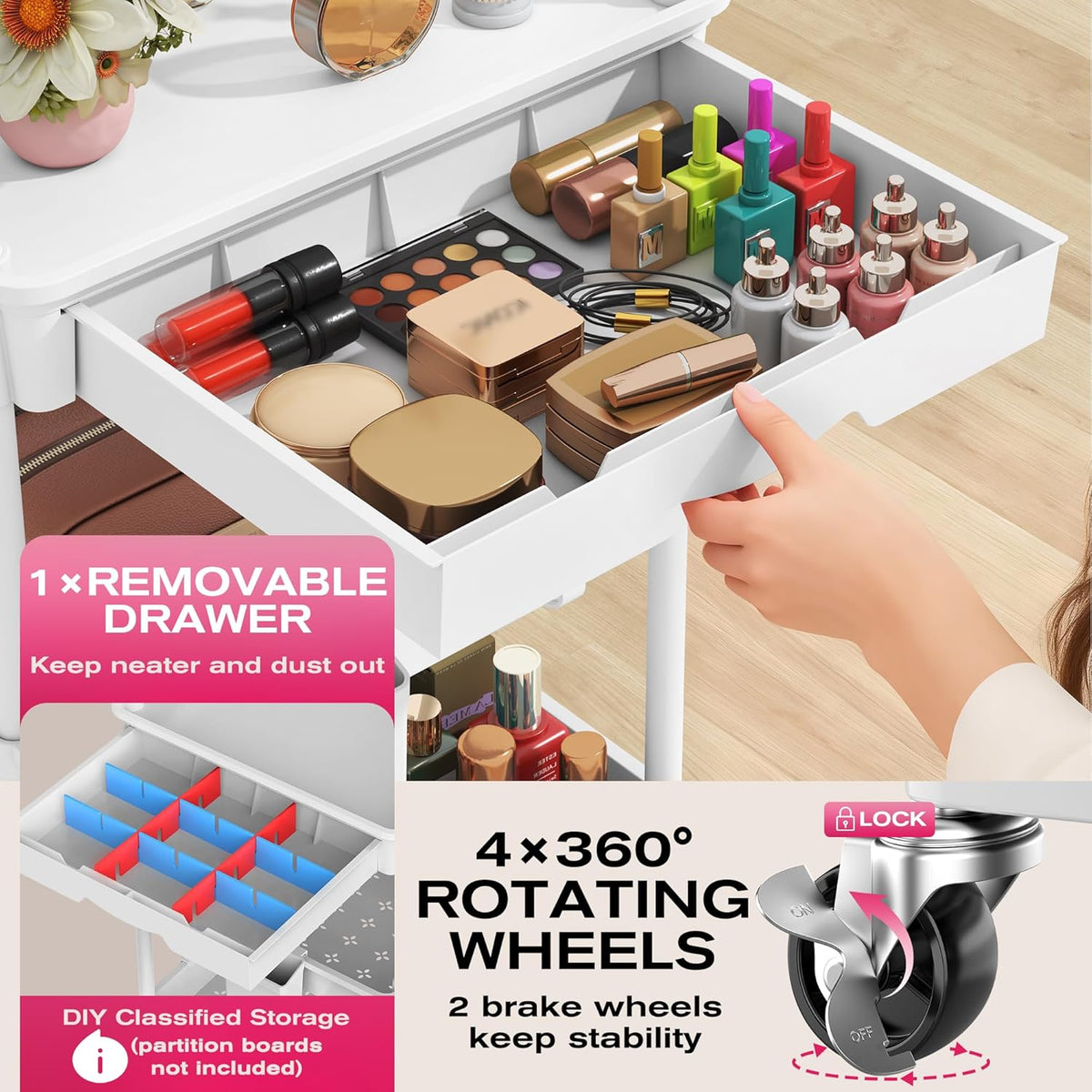 Goovilla Rolling Makeup Organizer Cart with Removable Drawer, 3 Tier White