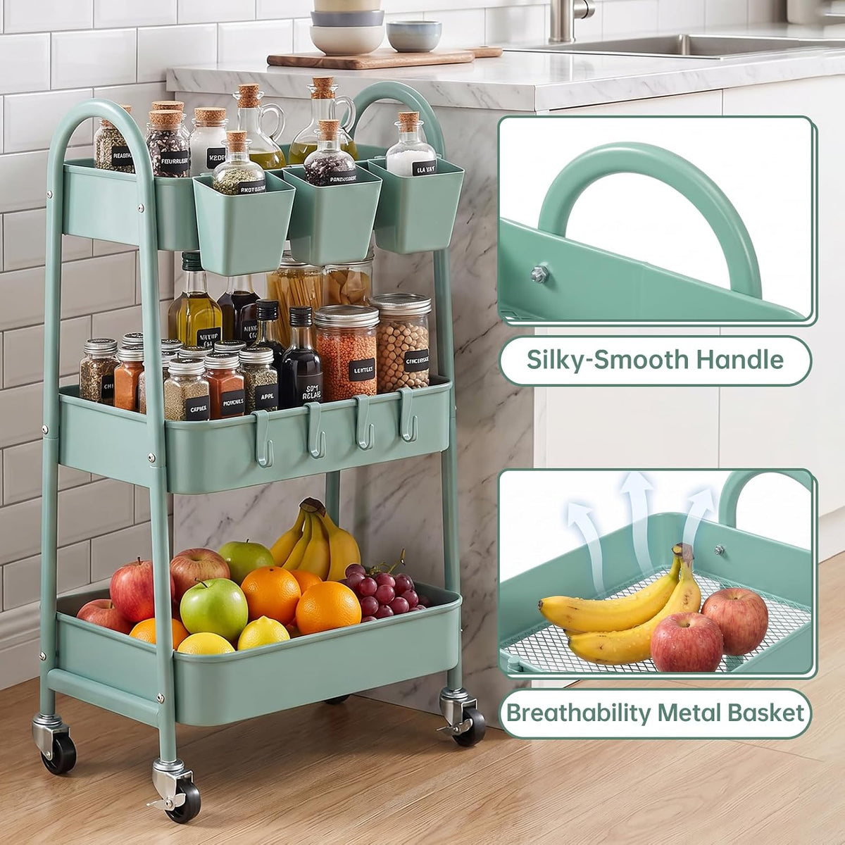 danpinera 3-Tier Rolling Cart, Metal Rolling Storage Cart with Wheels