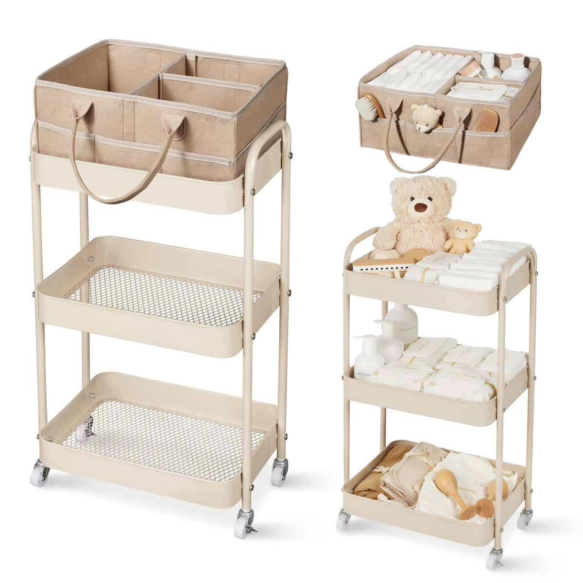 Fortella Baby Diaper Caddy, 3 Tier Rolling Cart for Baby Essentials, Taupe