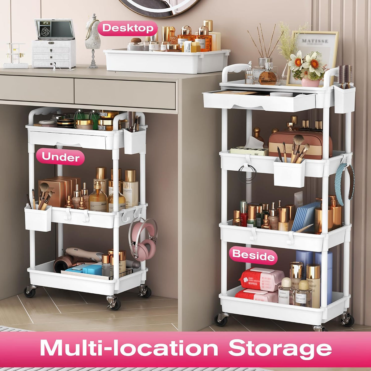Goovilla Rolling Makeup Organizer Cart with Removable Drawer, 3 Tier White