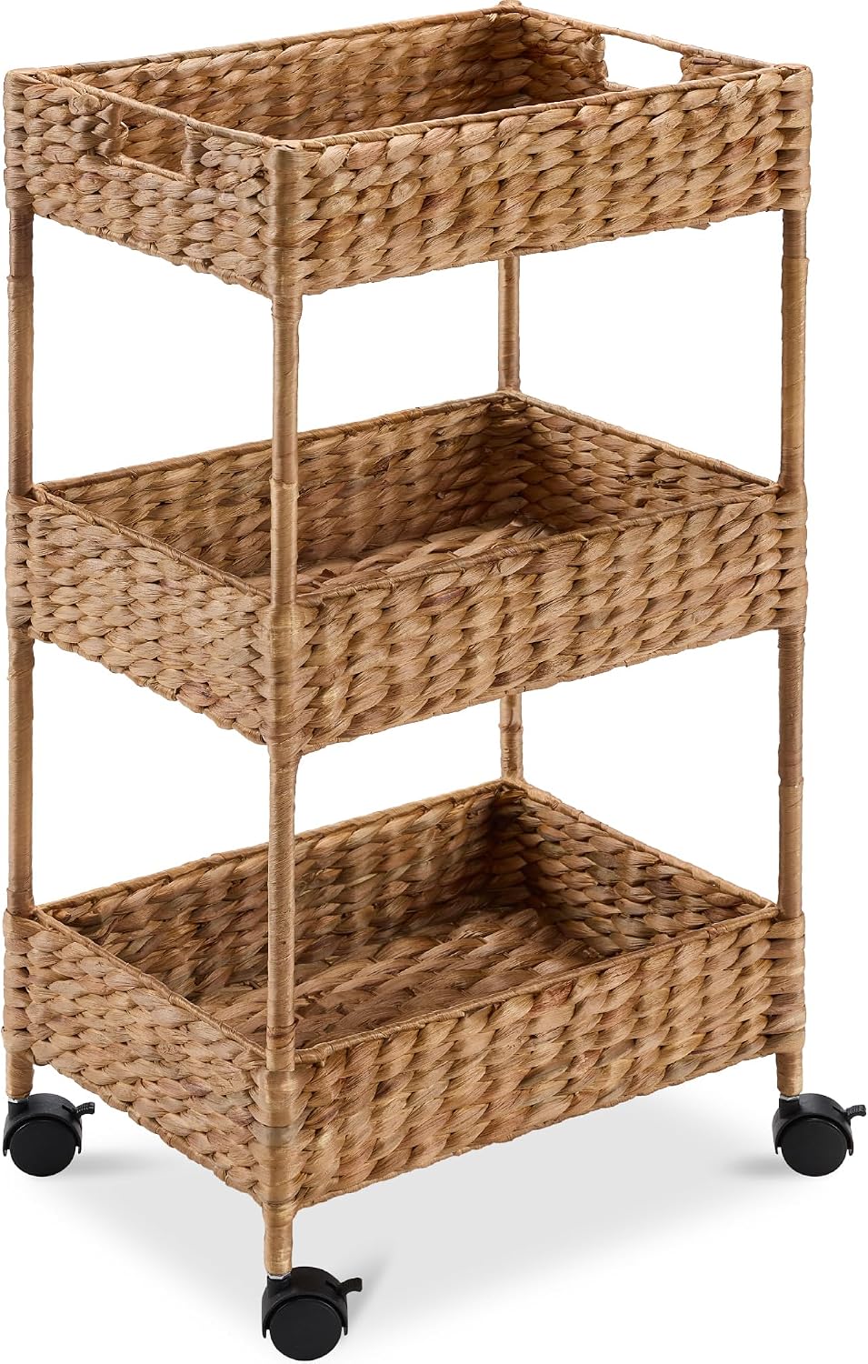Best Choice Products 3-Tier Water Hyacinth Rolling Nursery Caddy w/Wheels, Utility Cart, Storage Organization for Bathroom, Craft Room, Laundry Room - Chestnut