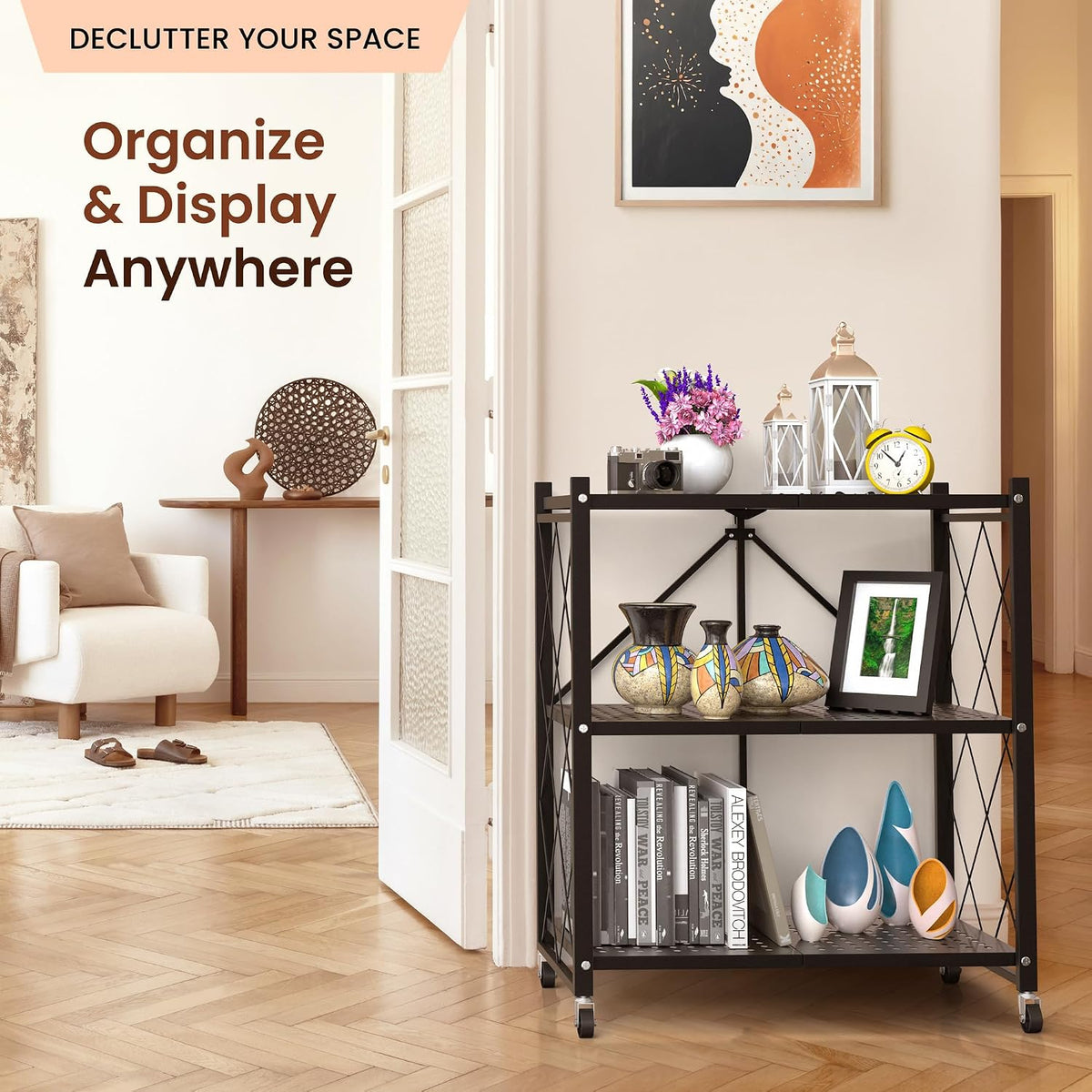 Our Modern Space 3-Tier Foldable Storage Shelf with Wheels | Metal Rack Collapsible Shelving Display | Rolling Cart for Books Kitchen Storage Shelves | Pantry & Closet Organizer | Office Room Decor