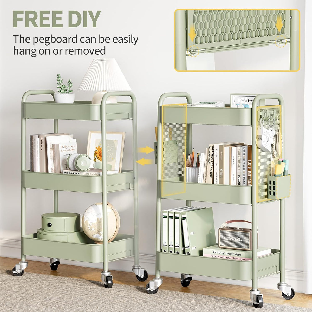 TOOLF 3 Tier Rolling Cart, Metal Utility Storage Cart with Pegboard, Green