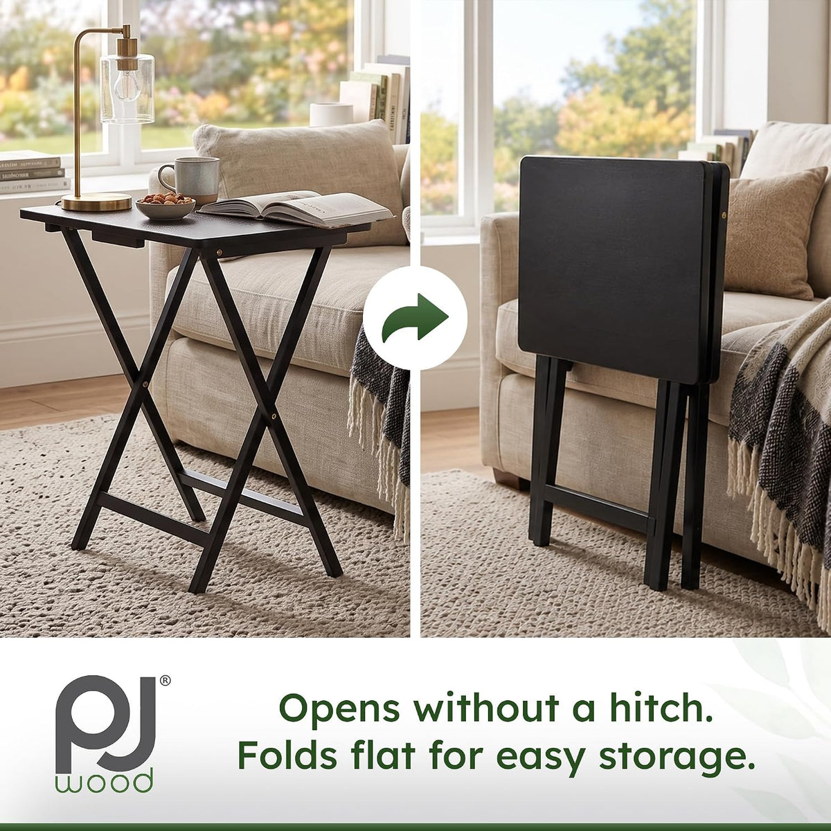 PJ Wood Folding TV Trays Set of 2, Solid Wood Foldable Snack Tables, Black