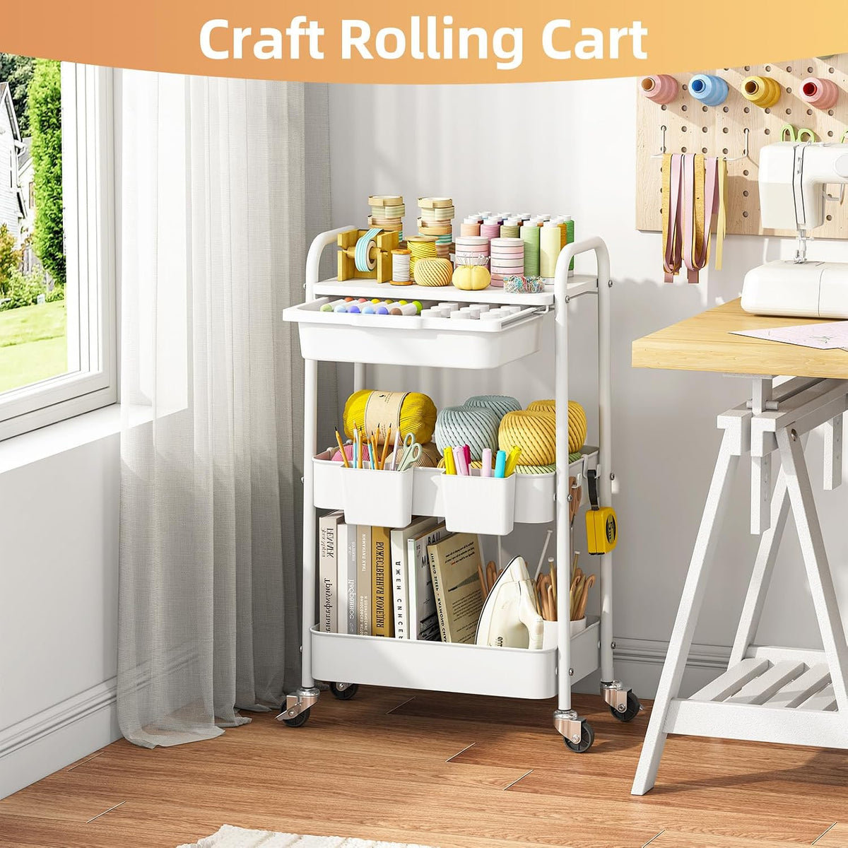 KINGRACK 3 Tier Metal Rolling Cart with Drawer, White Utility Storage Cart