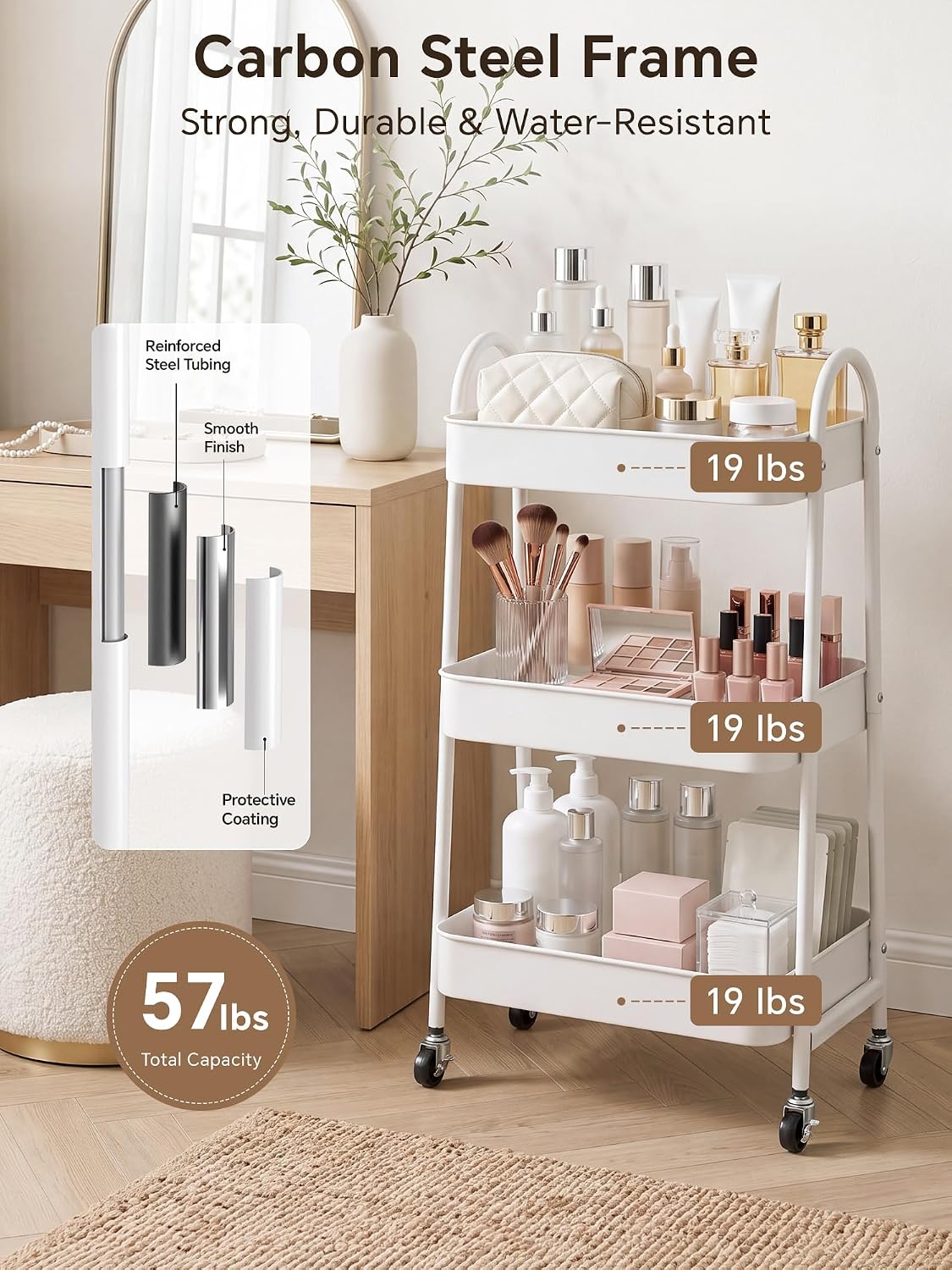Booklov Rolling Makeup Cart Organizer, 3 Tier Utility Storage Cart, White