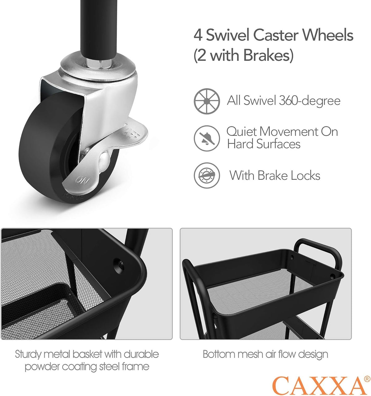 CAXXA 3-Tier Rolling Metal Storage Organizer - Mobile Utility Cart, Kitchen Cart with Caster Wheels (Black)