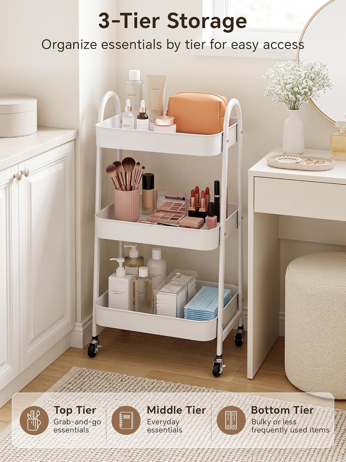 Booklov Rolling Makeup Cart Organizer, 3 Tier Utility Storage Cart, White