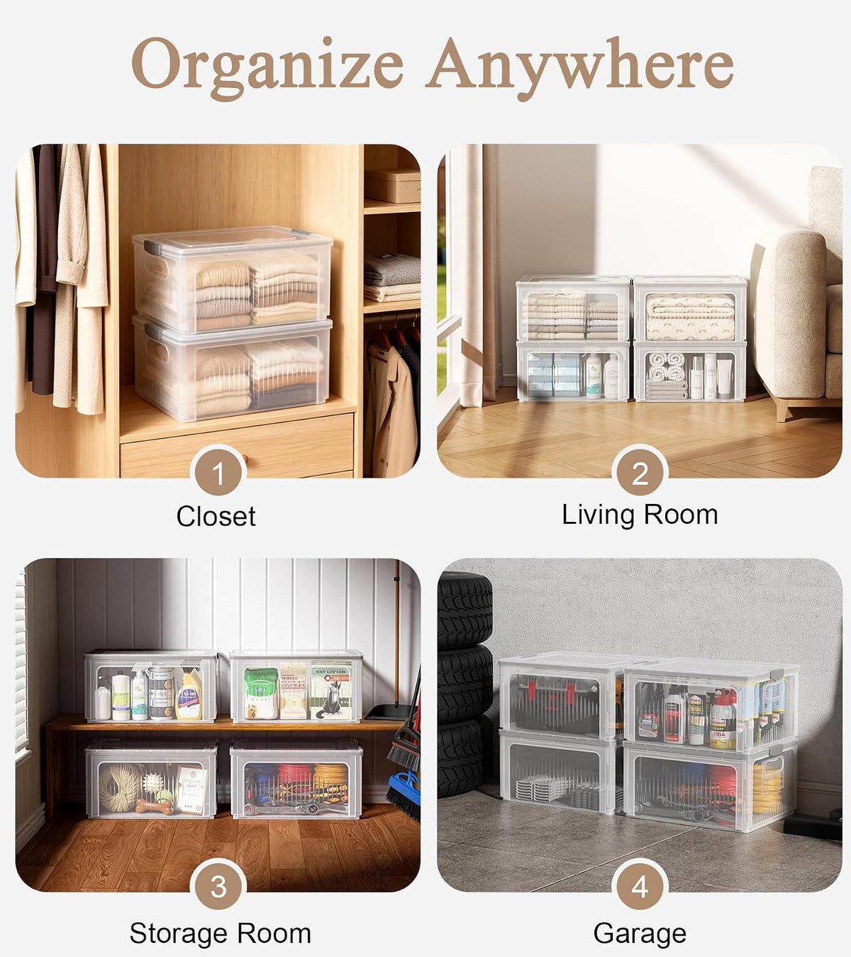 OlarHike 28QT Collapsible Storage Bins with Lids, Clear Box for Home-4 Pack