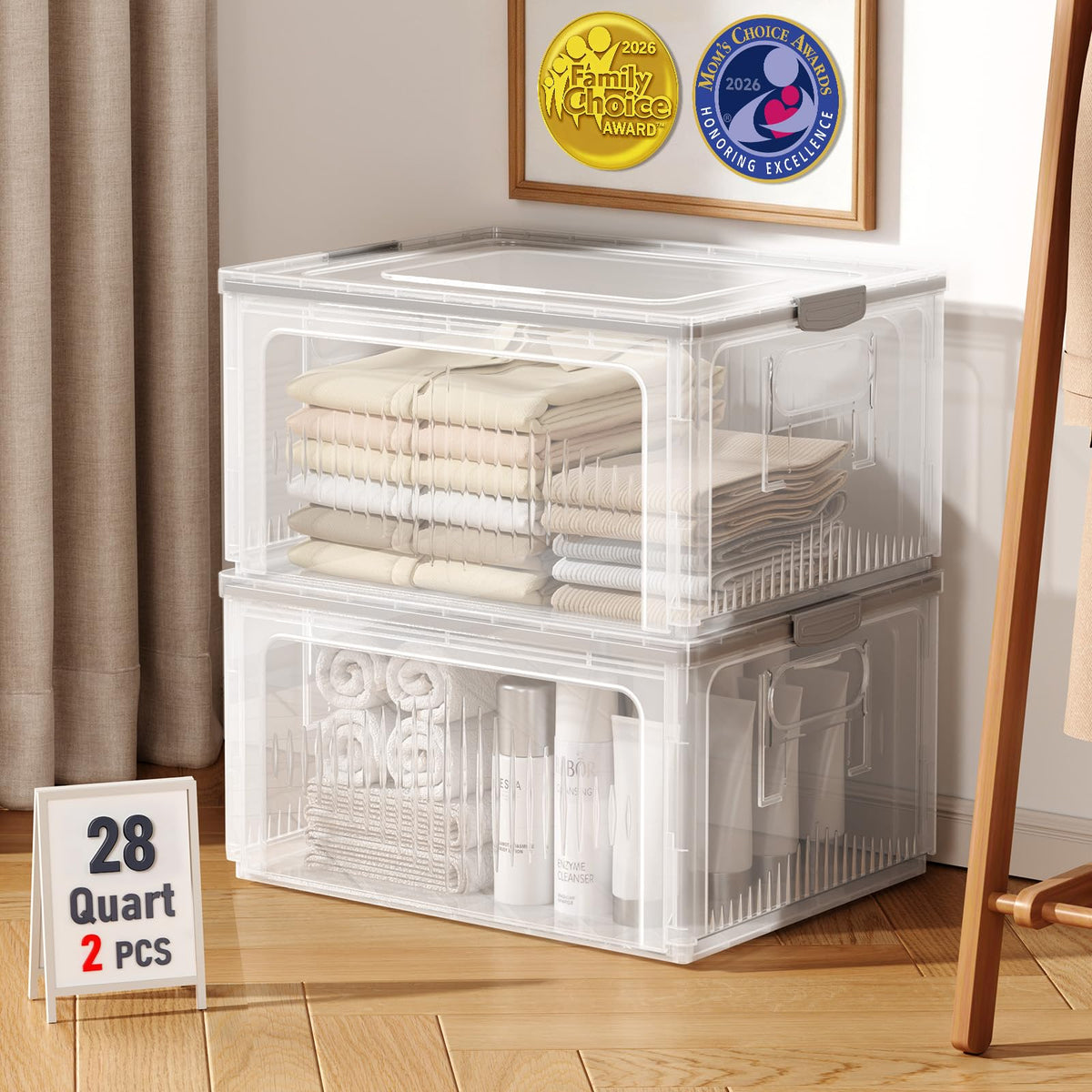 OlarHike 28QT Collapsible Storage Bins with Lids, Clear Box for Home-4 Pack