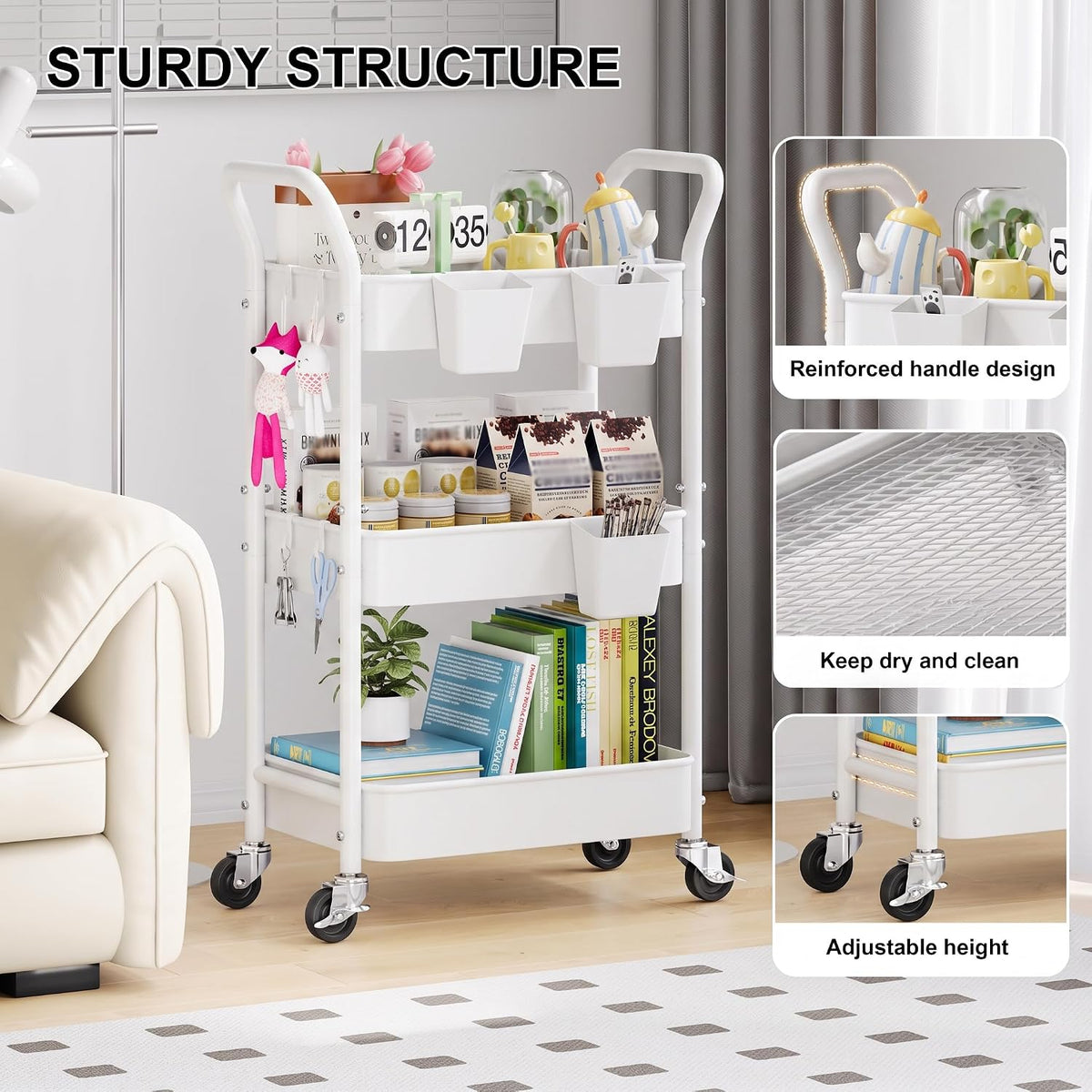 White 3 Tier Height-Adjustable Heavy-Duty Rolling Utility Cart with Wheels