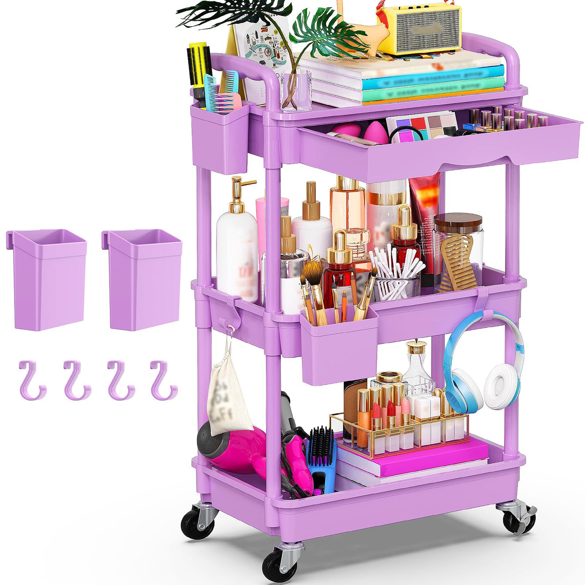 Goovilla 3 Tier Rolling Utility Cart Organizer with Removable Drawer, White