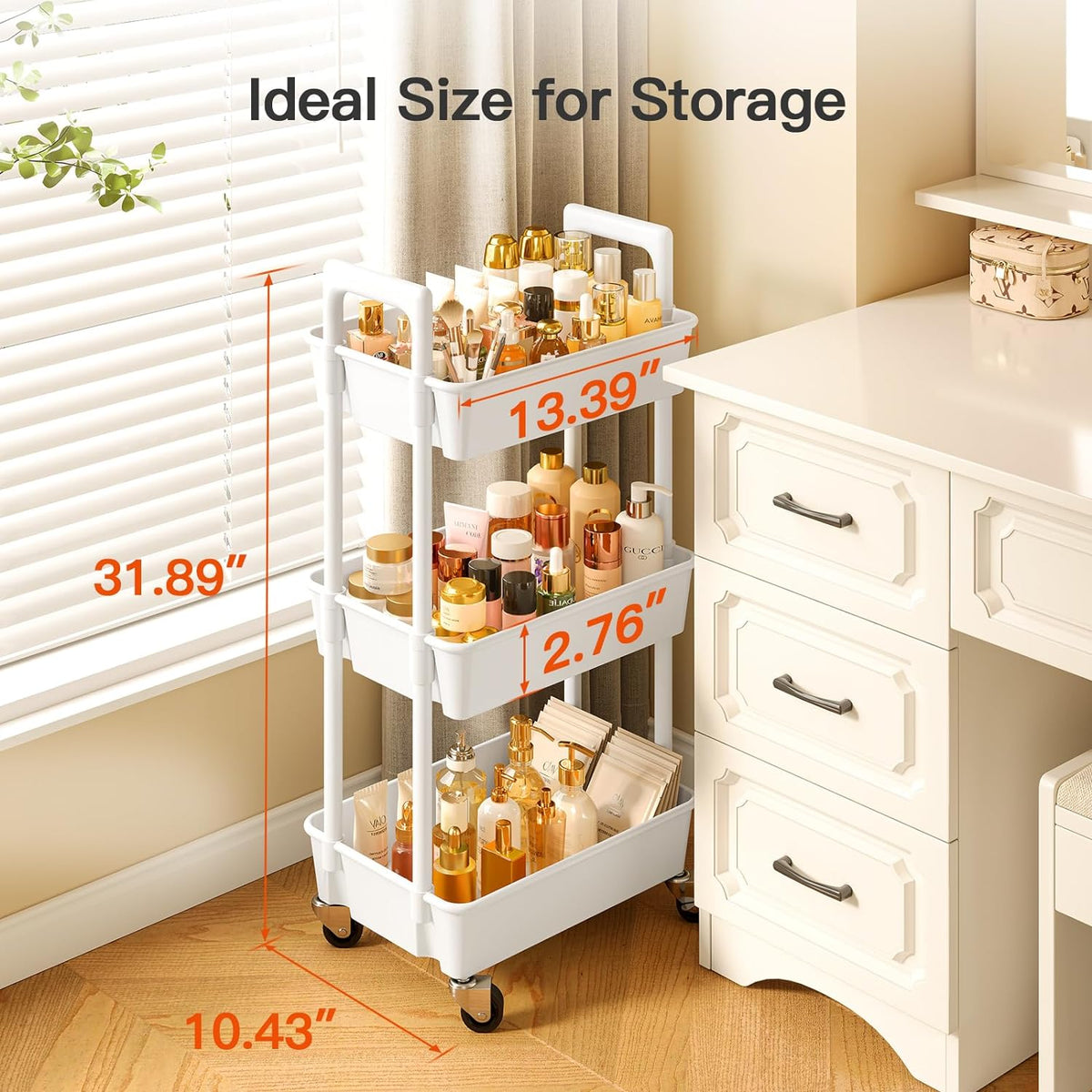 Pipishell 3 Tier Rolling Cart with Handle & Wheels for Storage, White