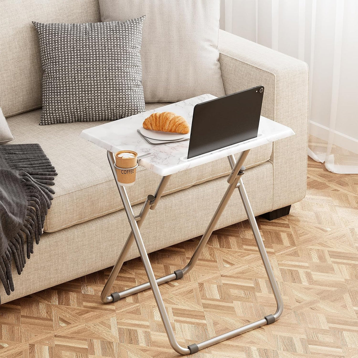 TV Tray Table,Folding Table with Cup Holder Portable,Foldable Snack Tray for Eating,Small Folding Tables Set of 2,Dinner Tables for Couch, Living Room,Small Space (White Marble,2Pcs)