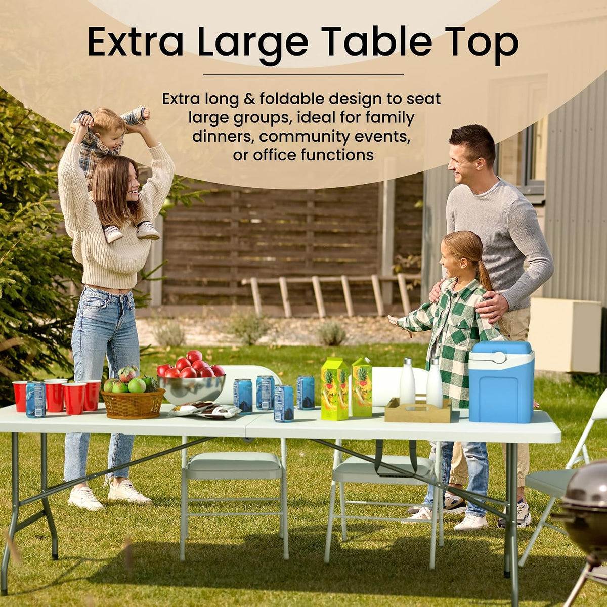 Our Modern Space 8 Feet Foldable Table with Built in Handle & Steel Legs | 8 FT Heavy Duty Portable | Perfect for Party, Dining, Wedding, Events, Picnic Indoor, Outdoor, Camping, Temporary - 8 Foot