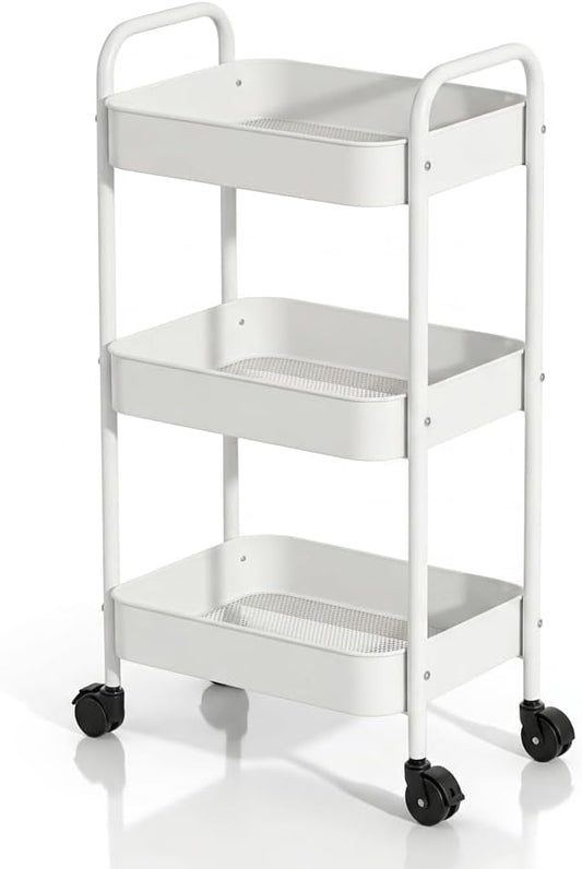 3-Tier Metal Rolling Cart with Smooth Casters, Lightweight Storage Utility Cart Mobile Organizer Rack, Multi-Purpose Basket Shelf for Kitchen, Bathroom, Closet, Pantry-White