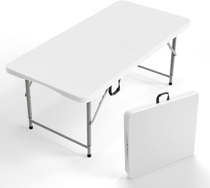 VINGLI 4 FT Plastic Folding Camping Table,3-Level Adjustable Height, Portable in/Outdoor Party Picnic Dining Desk, Garden Soccer Multipurpose Entertaining Activities，White
