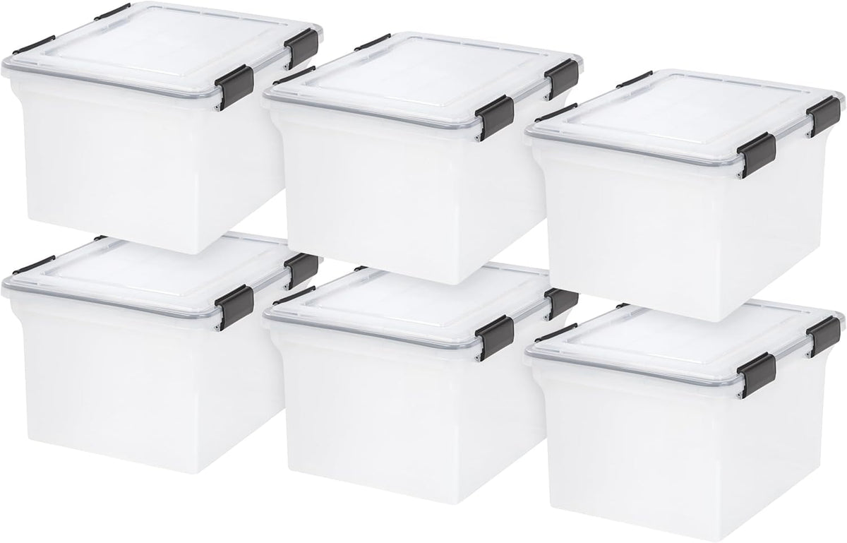 IRIS USA File Box File Organizer Plastic File Box for Letter/Legal File, BPA-Free Plastic Storage Bin Tote Organizer with Durable and Secure Latching Lid, Stackable and Nestable, Clear 35 Qt. 4Pack