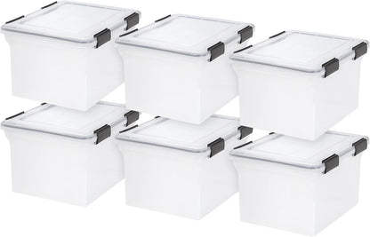 IRIS USA File Box File Organizer Plastic File Box for Letter/Legal File, BPA-Free Plastic Storage Bin Tote Organizer with Durable and Secure Latching Lid, Stackable and Nestable, Clear 35 Qt. 4Pack