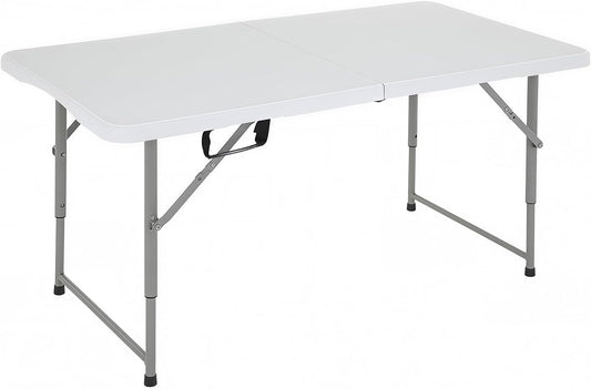 FDW 4FT Folding Table, Portable Fold-in-Half Plastic Picnic Party Table with Carrying Handle (White, 4FT)