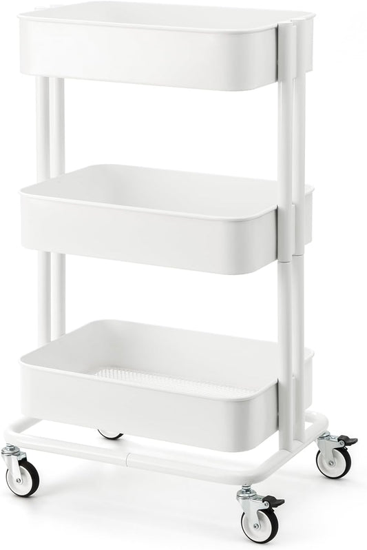 3 Tier Rolling Cart Metal Heavy Duty Utility Cart with Silent Caster Lockable Wheels Multi-Functional Organization Carts Storage Trolley with Mesh Shelves for Office Kitchen Living Room white