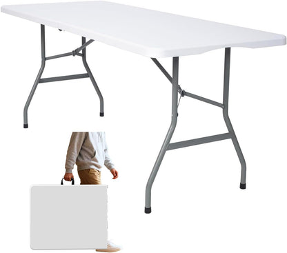 Folding Table 6ft,Foldable Table with Built in Handle & Steel Legs,Smooth HDPE Tabletop,Heavy Duty Folding Portable,Indoor Outdoor Uset for Party, Dining,Events,White